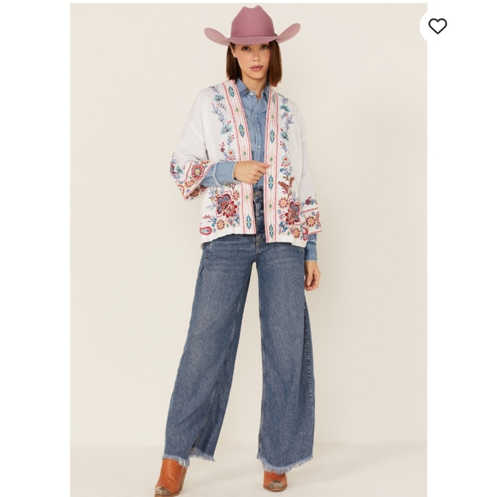 Johnny Was Sicilia Cropped Linen White Kimono Floral Embroidery Size XXL NWT